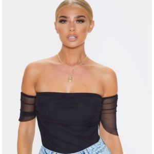 Black Mesh Ruched Bardot Bodysuit